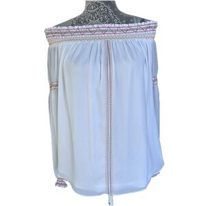 Boho Off-Shoulder Smocked Blouse White Peasant Top Bishop Sleeves Size Large